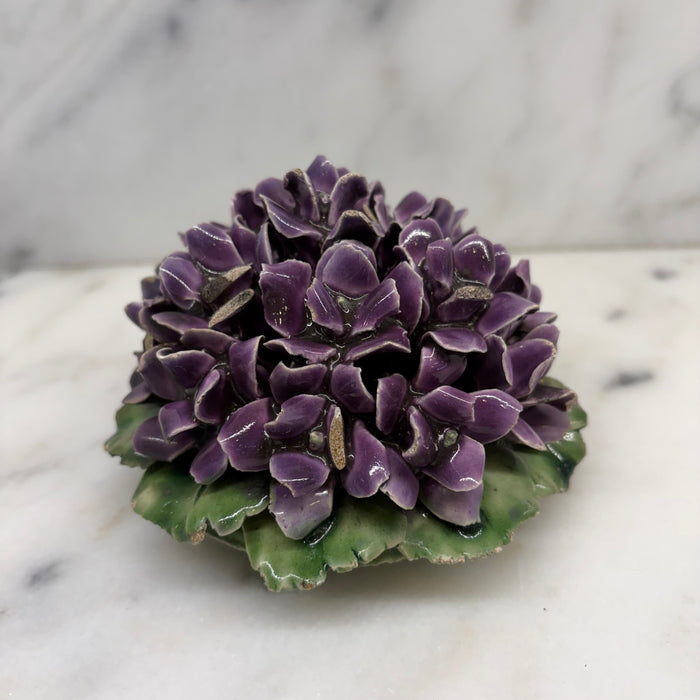 Antique French Purple Violet Porcelain Flower Bouquet with Green Leaves