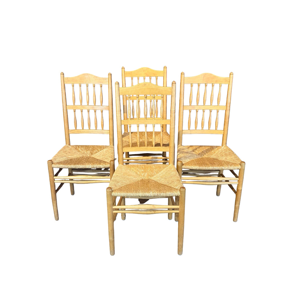Set of Four Swedish Gustavian Style Country Spindle Back Dining Chairs with Rush Seats