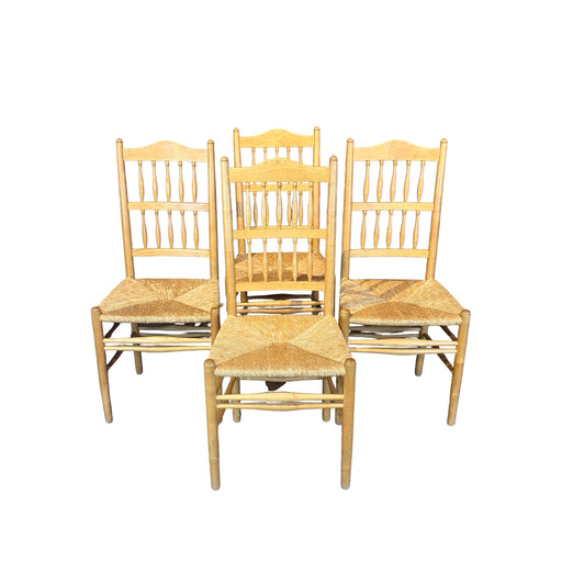 Set of Four Swedish Gustavian Style Country Spindle Back Dining Chairs with Rush Seats