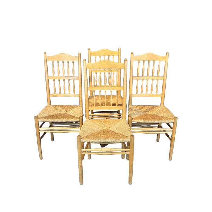 Set of Four Swedish Gustavian Style Country Spindle Back Dining Chairs with Rush Seats