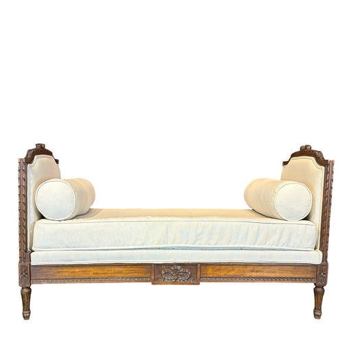 Antique French Louis XVI Carved Walnut Expandable Daybed, Settee and Guest Bed with Neutral Upholstery