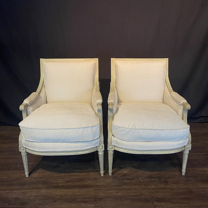 Pair of 19th Century French Louis XVI Painted Bergère Chairs or Armchairs with New Upholstery