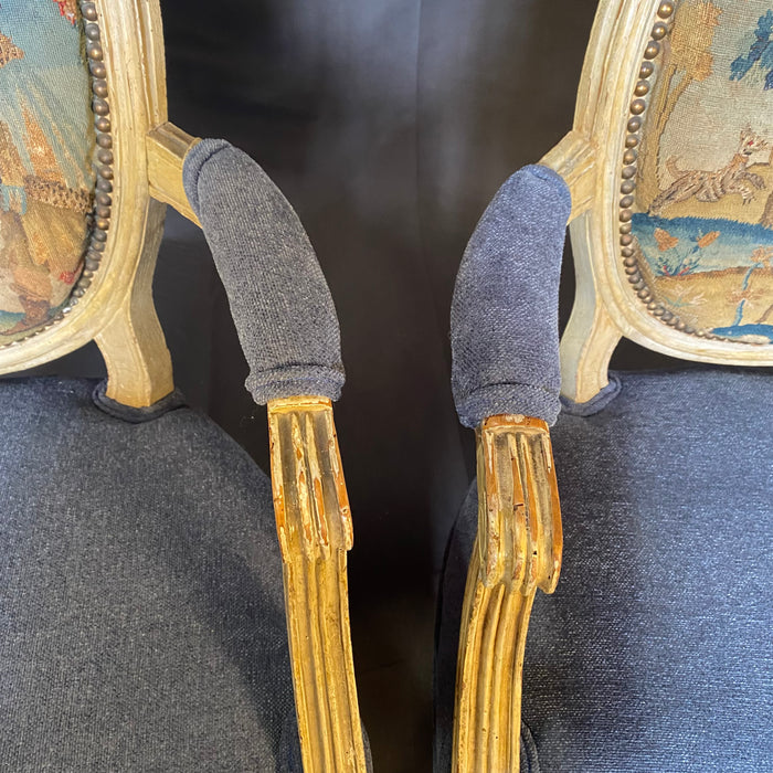 Pair of Early French Louis XVI Painted Armchairs or Fauteuils with Stunning Blue Aubusson Hunting Tapestry