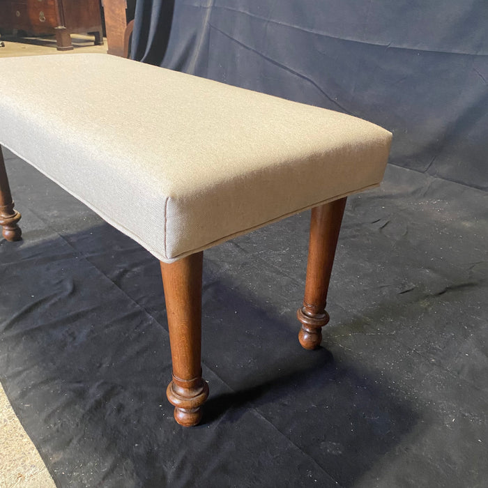Antique French 19th Century Newly Upholstered Bench with Hand Turned Carved Legs