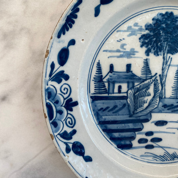 Early Antique Dutch Delft Blue and White Landscape Plate or Platter