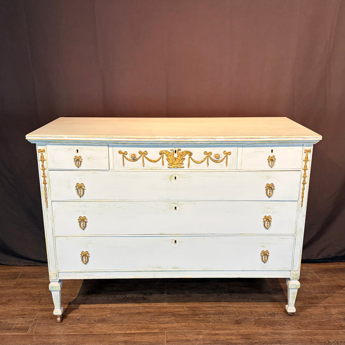 French Louis XVI Style Painted Blue Chest of Drawers with Gilt Bronze Mounts