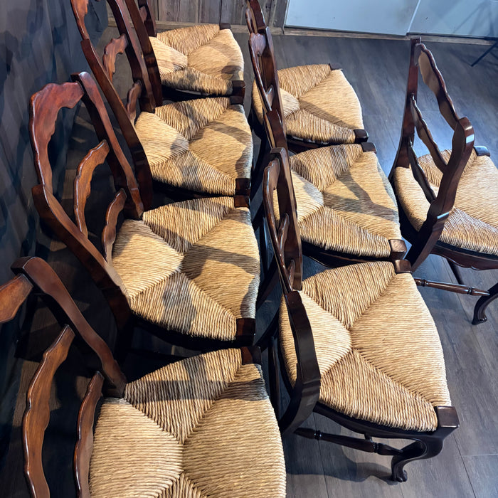 Set of Eight French Louis XV-Style Walnut Dining Chairs with Rush Seats