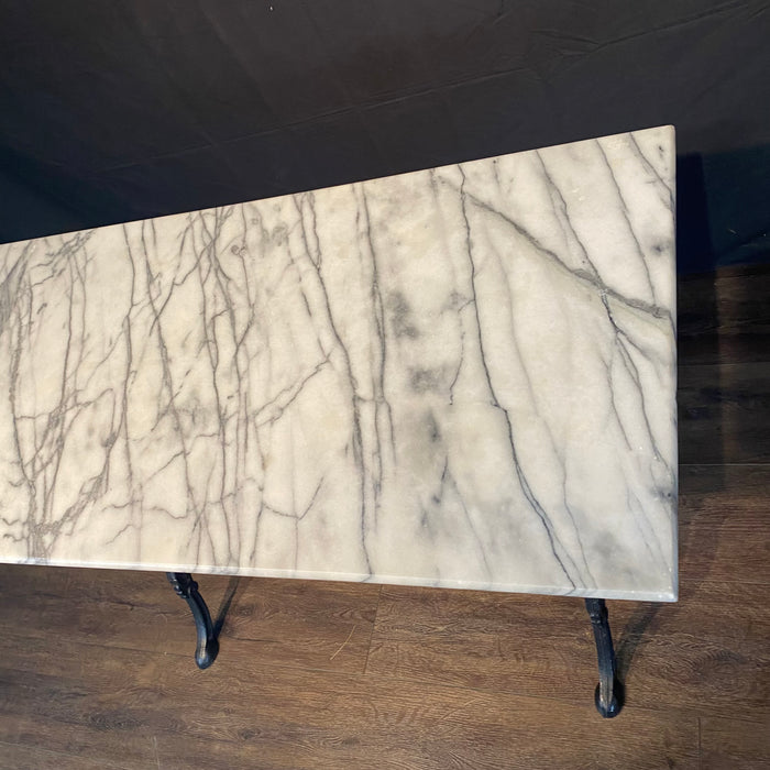 French Cafe Table or Bistro Table with Cast Iron Base and Carrera Marble Top