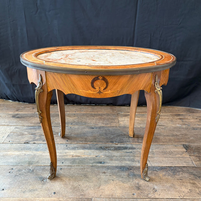 Antique French Louis XV Oval Marble Top Coffee Table, Cocktail or Side Table with Inlay, Marquetry and Bronze Mounts