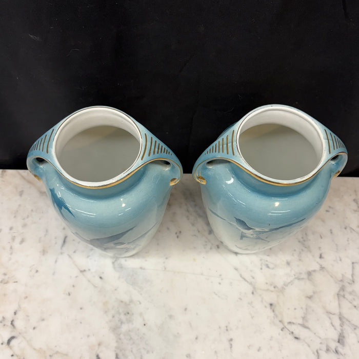 French Faience Three-Piece Vase and Jardinière Set with Swallows by Keller and Guerin