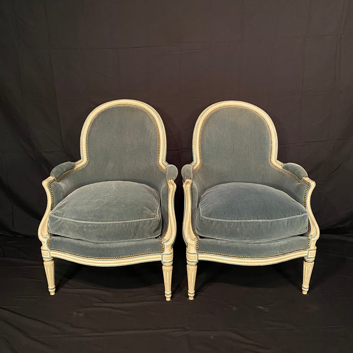 Pair of Antique French Louis XVI Armchairs or Bergere Chairs in Original White Paint and Blue Mohair Upholstery