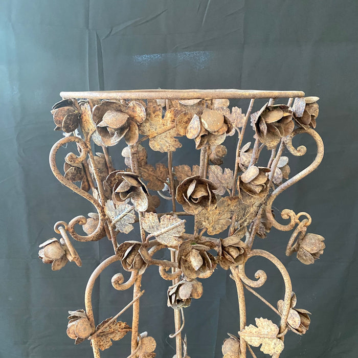 Pair of Antique French Iron Jardinieres or Plant Stands with Sculpted Roses, Leaves and Vines