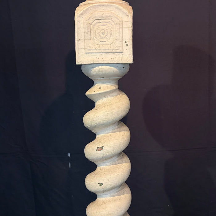 Pair of Monumental 19th Century French Carved Architectural Wood Church Altar Candlesticks with Barley Twist Columns, Almost 4 Feet Tall