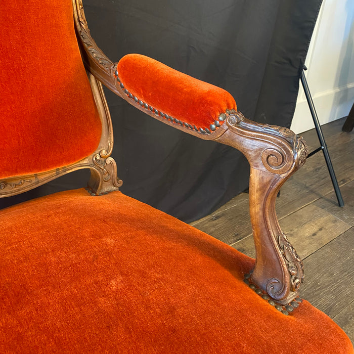 Pair of French Louis XV Intricately Carved Armchairs, Fauteuils or Parlor or Lounge Chairs with Original Fabulous Vermilion Red Mohair