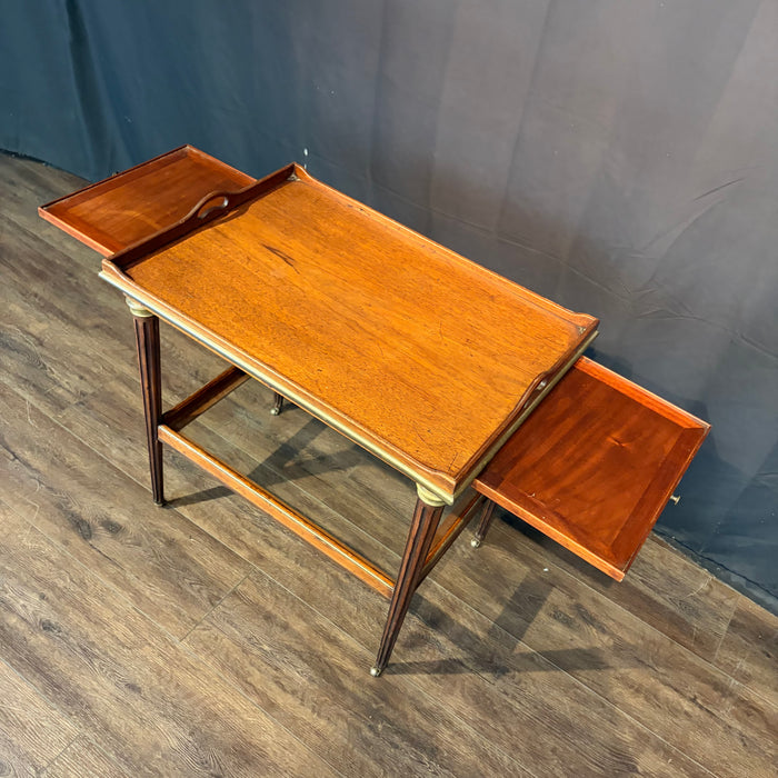 Antique French Bar Cart or Drinks Trolley with Pull-Out Leaves, Glass Shelf and Fluted Legs