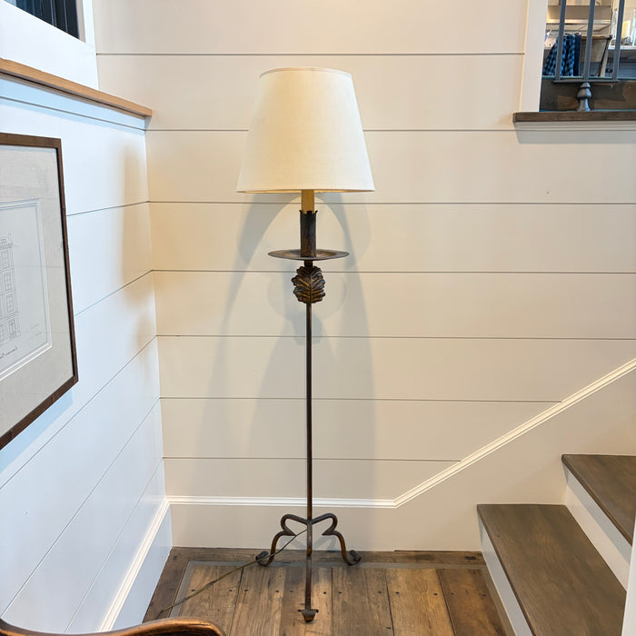 Antique French Baroque Revival Gilt Metal Floor Lamp with Wrought Iron Scroll Base and Decorative Foliate Detail