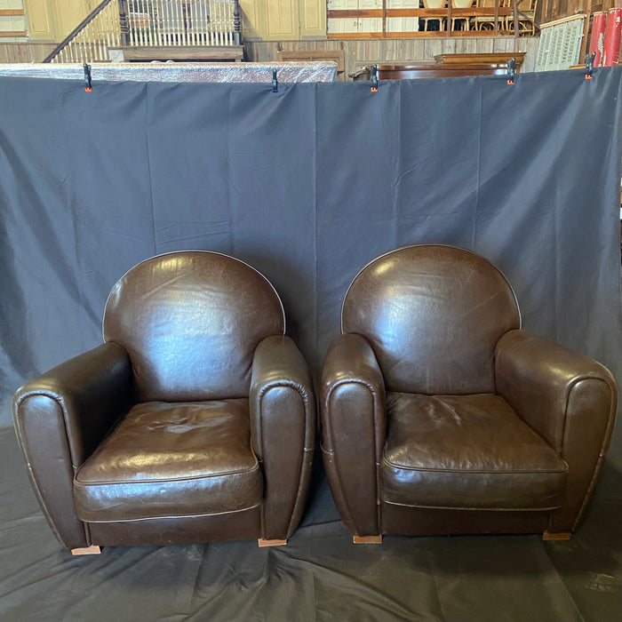 Pair of French Pair Art Deco Leather Club Chairs or Armchairs