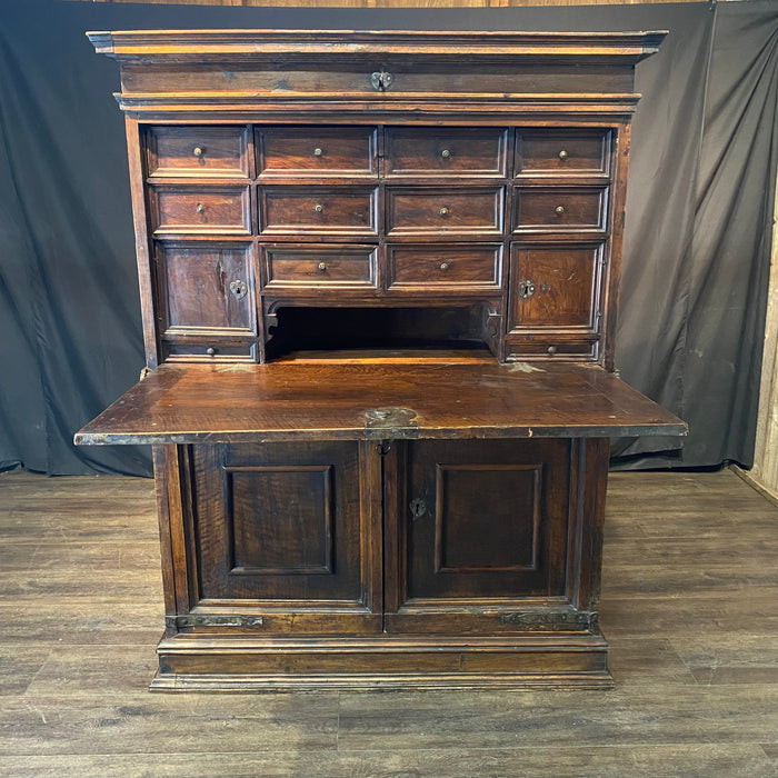 18th Century Spanish Baroque Walnut Bargueno or Vargueno Fall-Front Writing Desk Cabinet Spanish Cabinet "Bargueño" or Vargueno on Stand, Original Wrought Iron and Keys