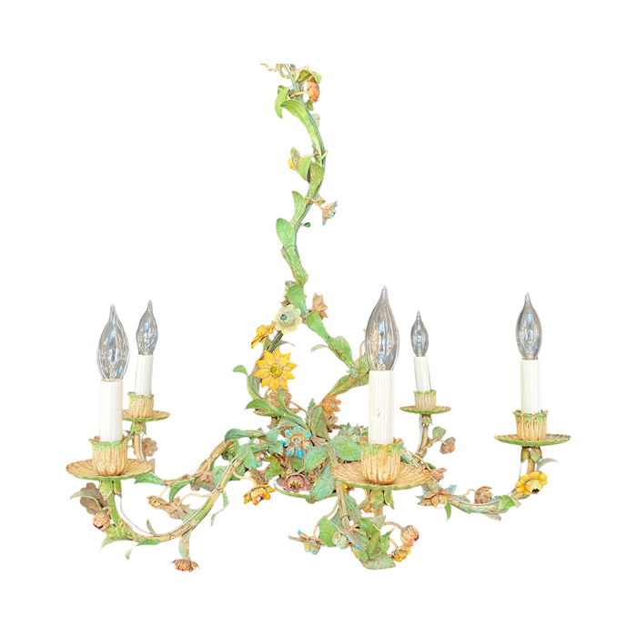 Vintage Italian Tole Painted Floral 6-Arm Chandelier With Flowers, Vines and Leaves