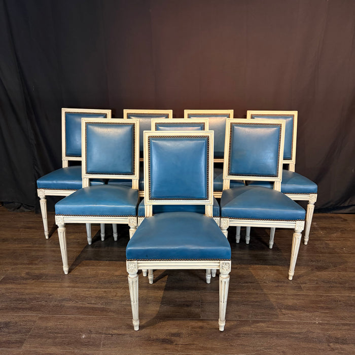 Set of Eight French Louis XVI Painted Dining Chairs in Blue Leather Circa 1920