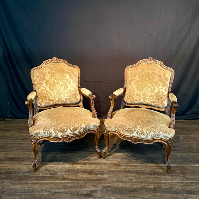 Pair of French Louis XV Carved Armchairs with Cut Velvet Mohair Upholstery
