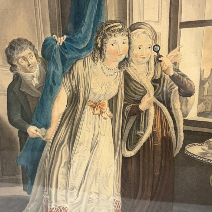 Matching Pair of late 18th Century Desnoyer Artwork: French Color Engravings Framed in Period Gold Leaf Frames