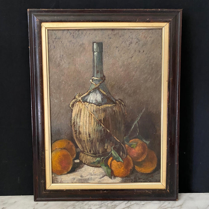 French Impressionist Still Life Oil Painting with Wine, Peaches and Oranges dated 1912 by Listed Artist