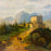 19th Century French Oil Painting of an Alpine Lake Landscape with Hilltop Castle and Horseback Riders in Ornate Gilt Frame