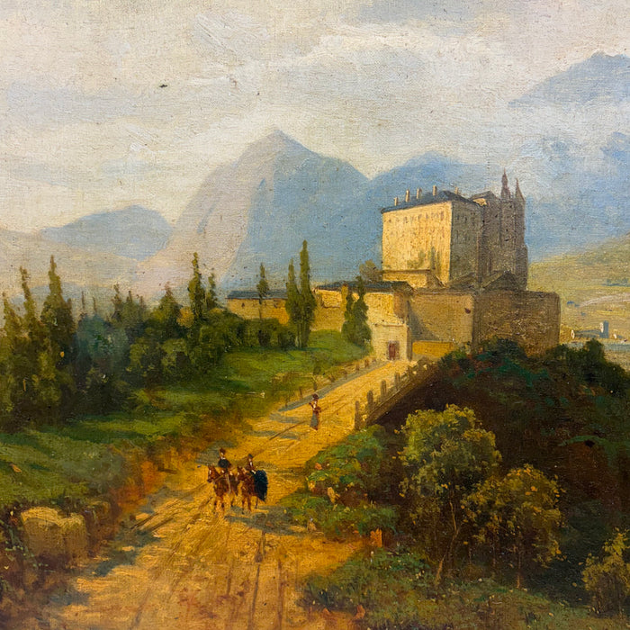 19th Century French Oil Painting of an Alpine Lake Landscape with Hilltop Castle and Horseback Riders in Ornate Gilt Frame