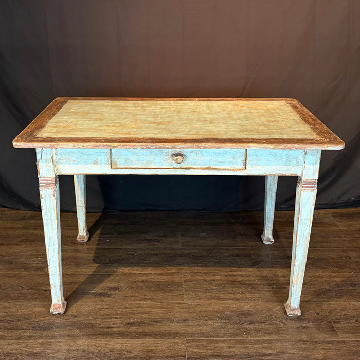 Antique French Provincial Painted Table or Desk with Drawer, Pale Blue Patina