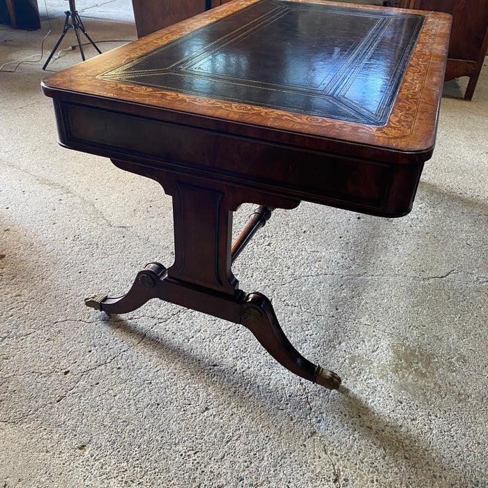 British Regency Style Mahogany Partners Two Sided Desk or Writing Table with Embossed Leather Top