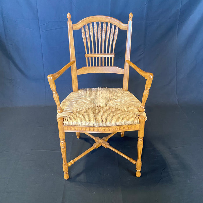 French Provincial Style Rush Seated Wheat Sheaf Arm Chairs or Dining Chairs, Set of 6