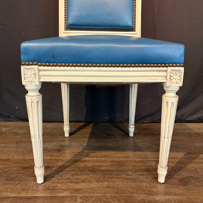 Set of Eight French Louis XVI Painted Dining Chairs in Blue Leather Circa 1920