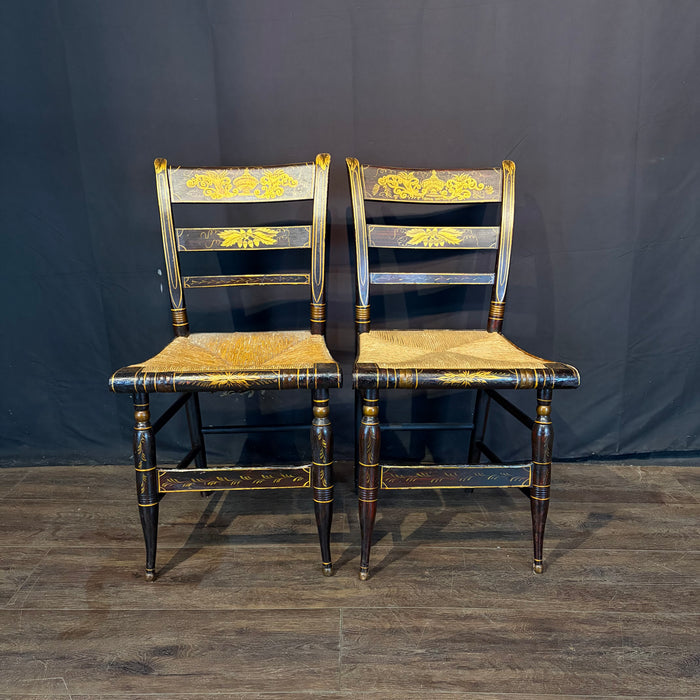 Early 19th Century American Painted Hitchcock-Style Side Chairs with Rush Seats and Gilt Stenciling