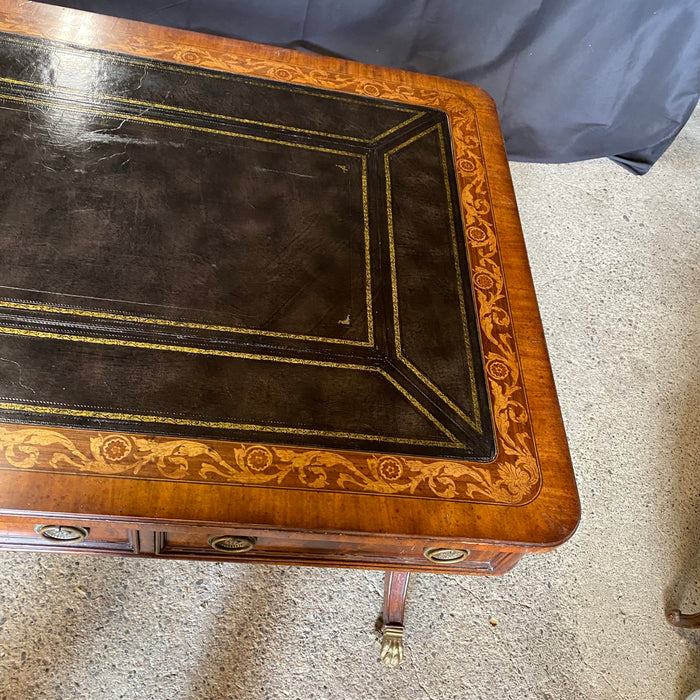 British Regency Style Mahogany Partners Two Sided Desk or Writing Table with Embossed Leather Top