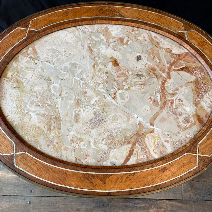 Antique French Louis XV Oval Marble Top Coffee Table, Cocktail or Side Table with Inlay, Marquetry and Bronze Mounts