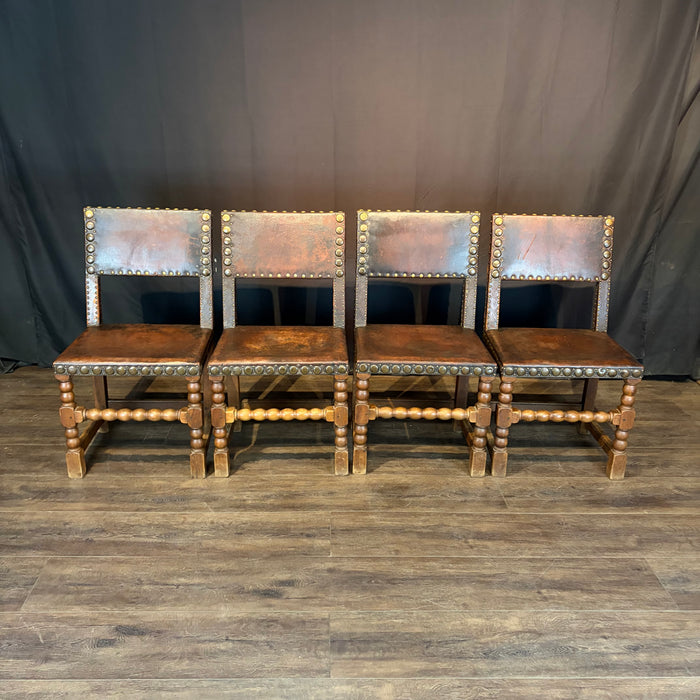 French Antique Set of Leather and Nailhead Dining Chairs with Bobbin Legs