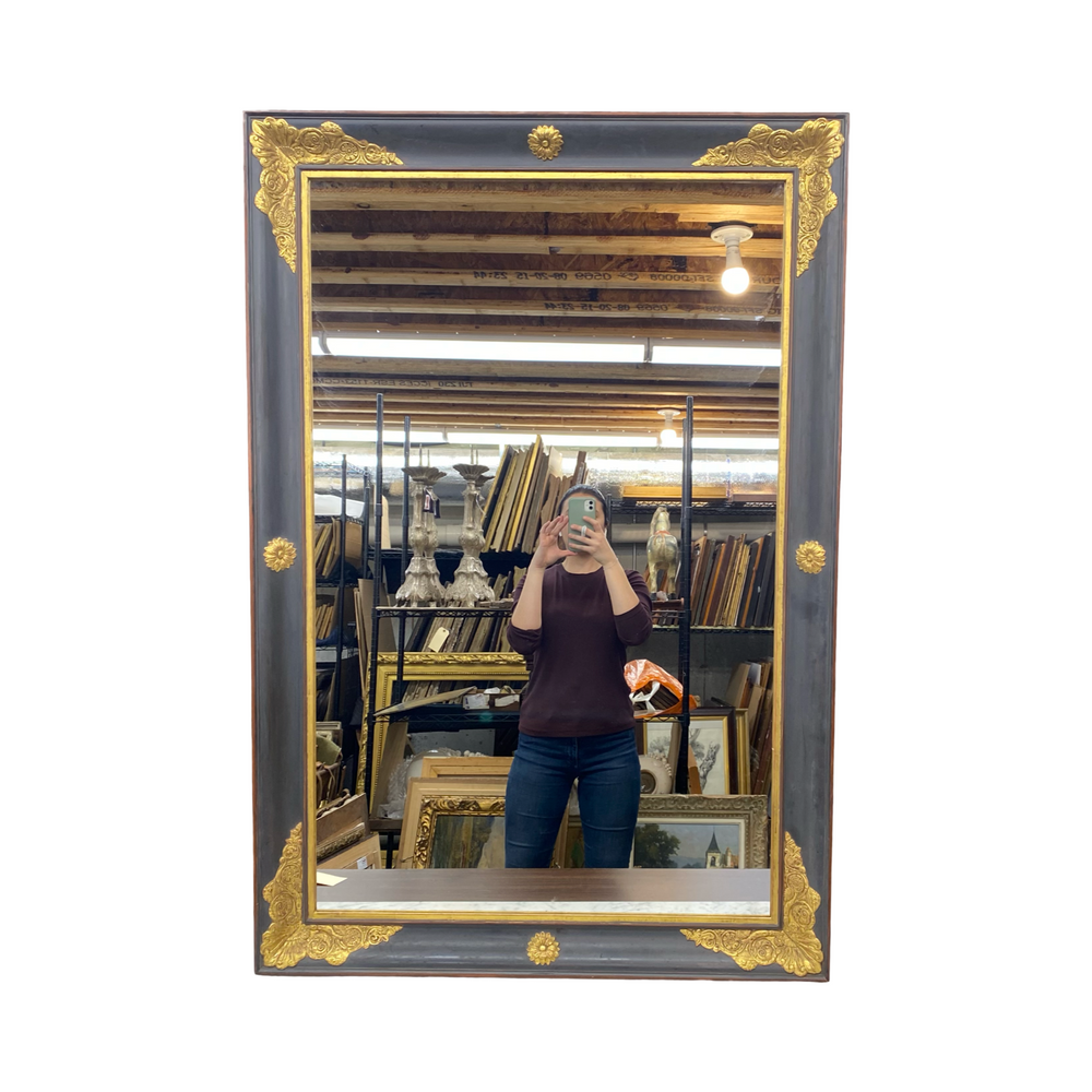 Pair of French Empire Ebony Black and Gold Carved Giltwood and Gilt Gesso Mirrors