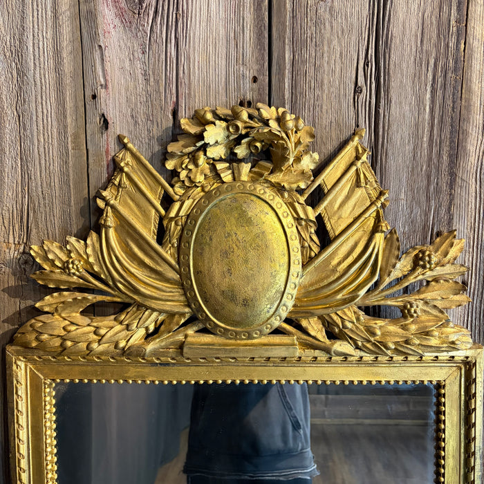 Exceptional Antique French Neoclassical Giltwood Tall Pier Mirror with Elaborate Carved Crest, Original Gold Leaf Gilding