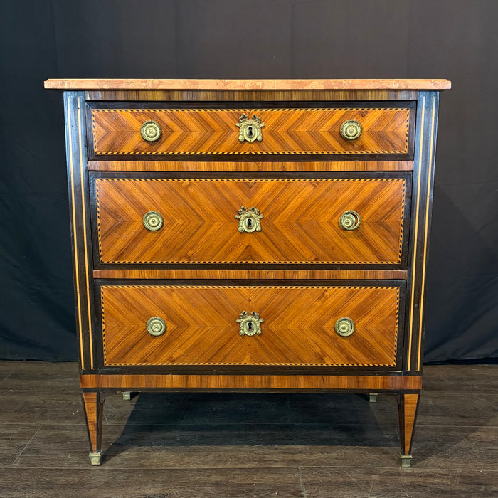 French Neoclassical Louis XVI Marble Top Parquetry Commode or Chest of Drawers
