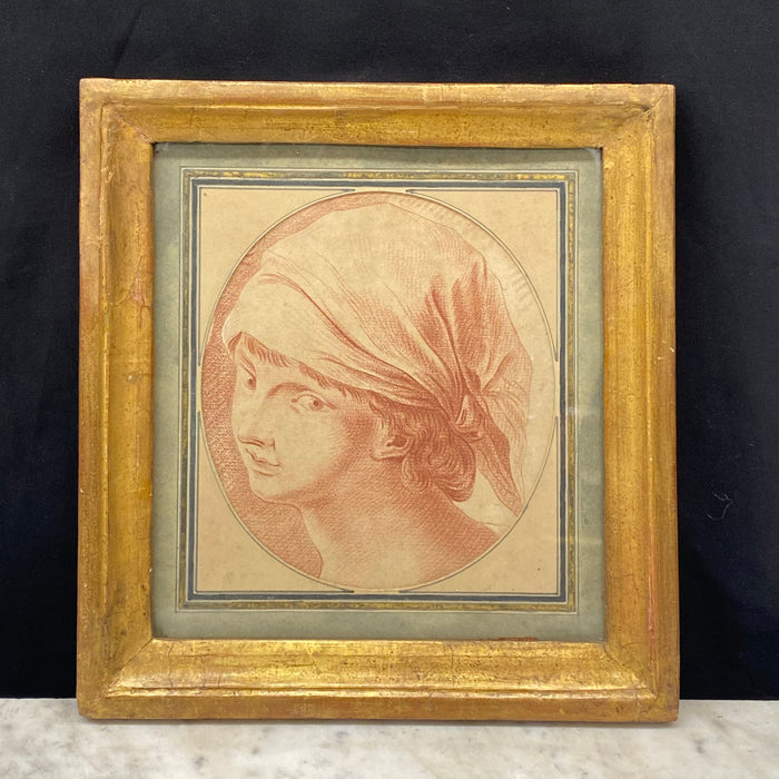 18th Century French Sanguine Red Chalk Drawing of a Boy in a Kerchief in Early Gold Gilt Frame