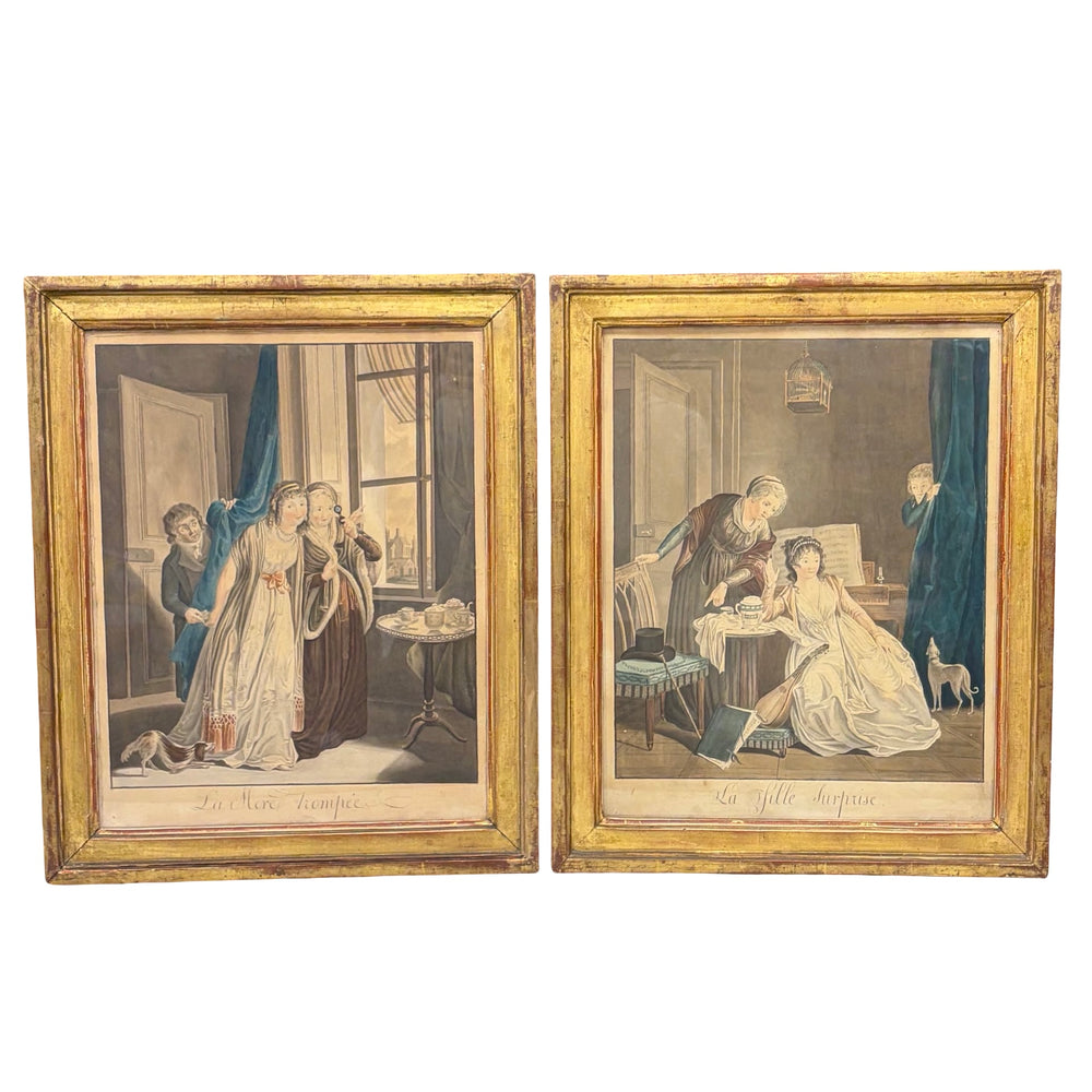 Matching Pair of late 18th Century Desnoyer Artwork: French Color Engravings Framed in Period Gold Leaf Frames