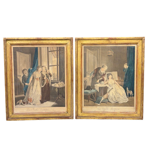 Matching Pair of late 18th Century Desnoyer Artwork: French Color Engravings Framed in Period Gold Leaf Frames