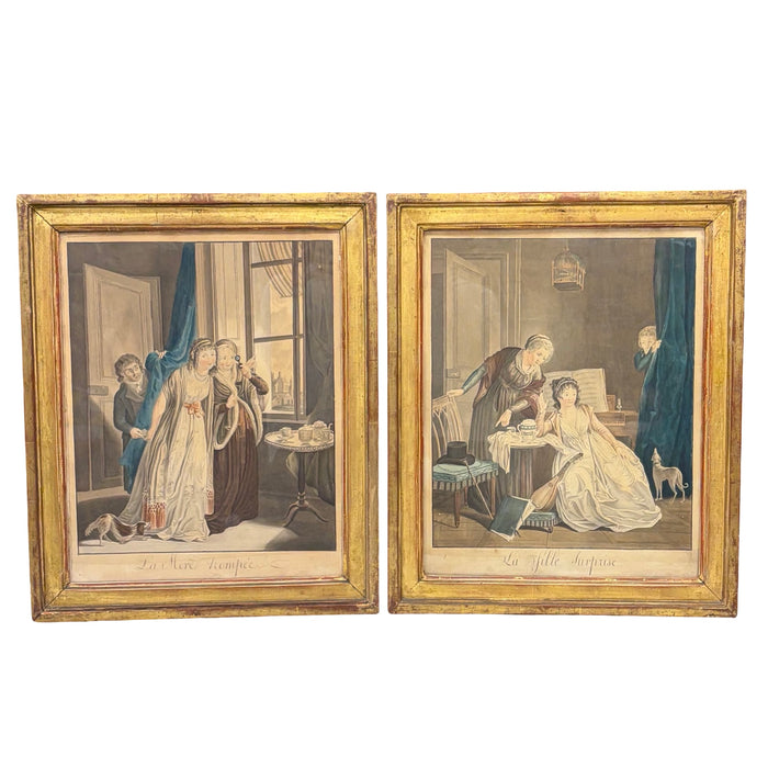 Matching Pair of late 18th Century Desnoyer Artwork: French Color Engravings Framed in Period Gold Leaf Frames