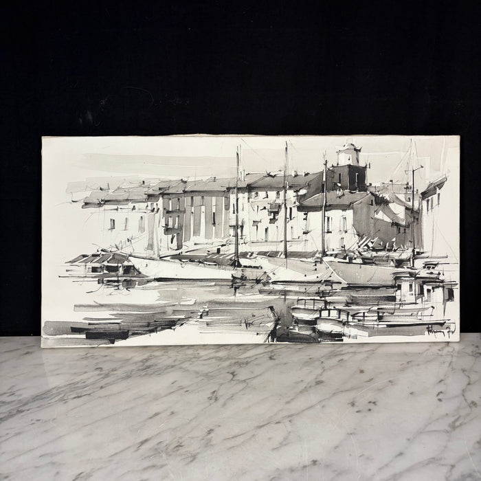 Maritime Harbor Painting with Boats - Nautical Black and White Ink and Oil on Canvas