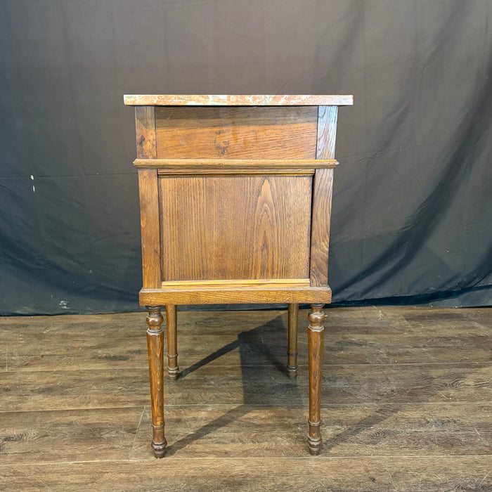 Pair of French Louis XVI Revival Oak Marble Top Nightstands with Floral Marquetry