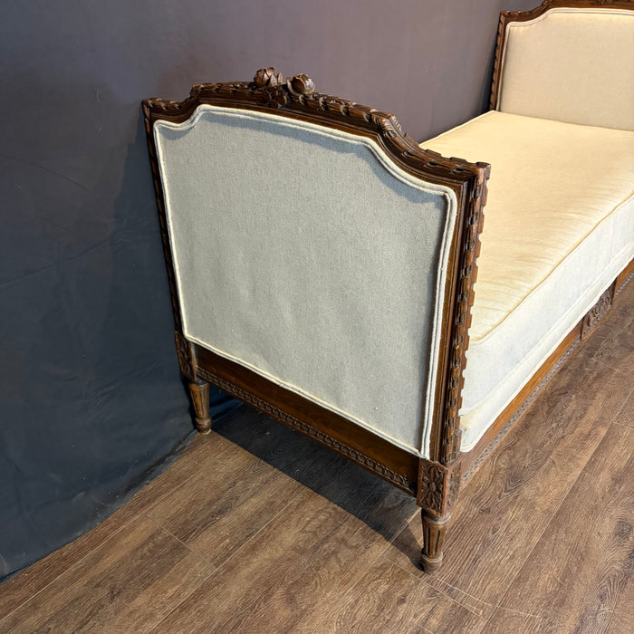 Antique French Louis XVI Carved Walnut Expandable Daybed, Settee and Guest Bed with Neutral Upholstery