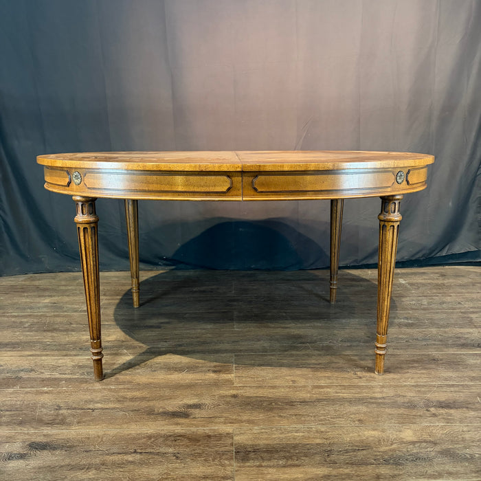 Midcentury French Louis XVI Style Walnut Parquetry Oval Extension Dining Table with Two Leaves