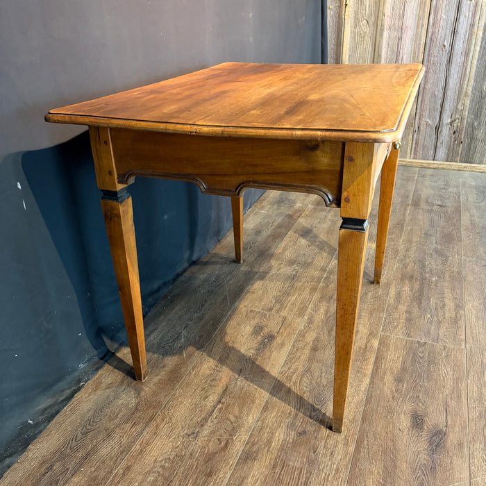 Antique French Neoclassical Fruitwood Side Table or Desk with Drawer and Brass Ring Pull