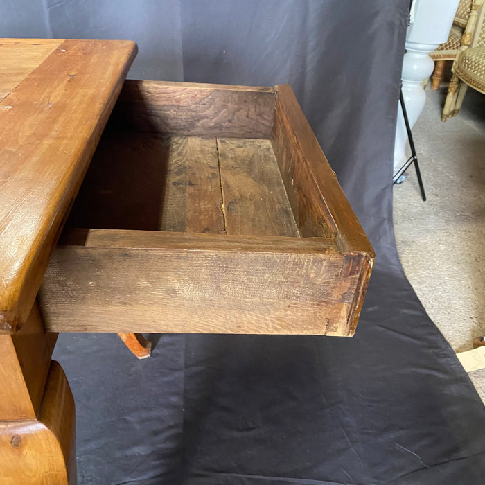 Antique French Provincial Cherry Farmhouse Harvest Dining Table with Bread Board and Drawer